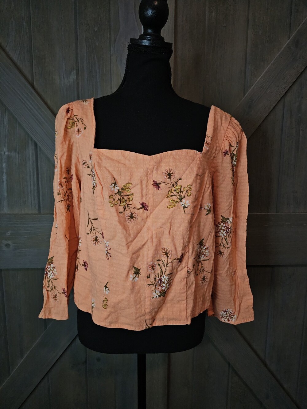 A.n.a Peach Floral Square-Neck Long-Sleeve Blouse sz Large